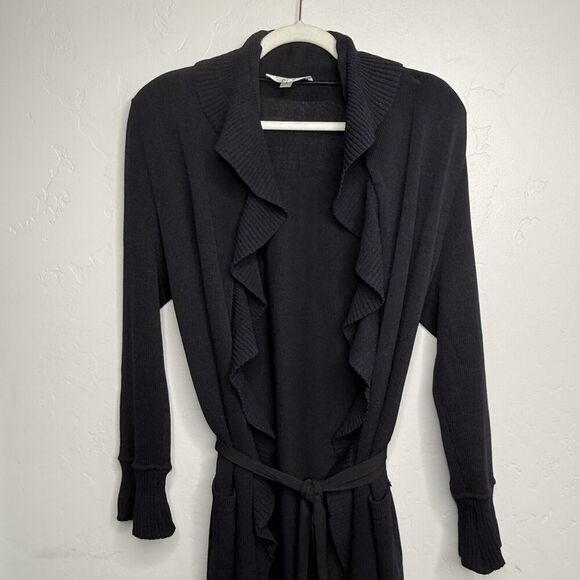 Vintage ST. JOHN Collection Knit Long Kelly Cardigan 6 Black Ruffle Belted Maxi - Picture 11 of 16